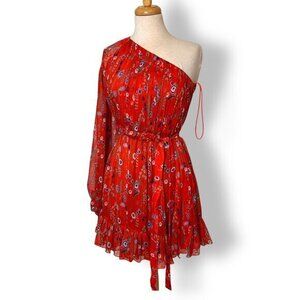 ALEXIS Edyta Red Floral Print Off Shoulder Chiffon Faux Wrap Mini Dress Sz S
